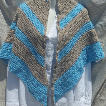Handmade Crochet Shawl - Blue and Light Brown
