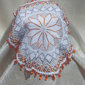 Handmade Crochet Beads Doilie - Orange and Grey